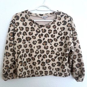 Zara cheatah leopard print textured gauze cotton crop boxy sweater top size m